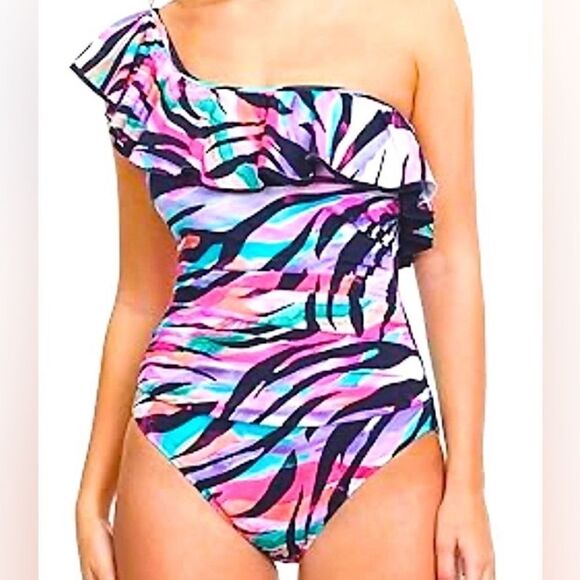 PROFILE BY GOTTEX WILD PARADE RUFFLE ONE SHOULDER ONE PIECE - Picture 1 of 4